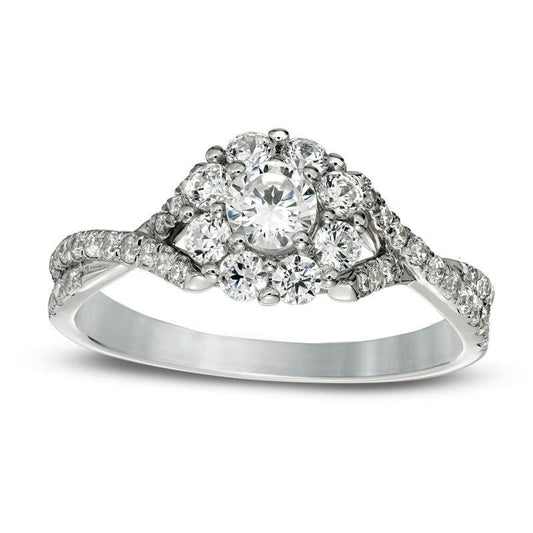 0.88 CT. T.W. Natural Diamond Flower Frame Twist Engagement Ring in Solid 14K White Gold