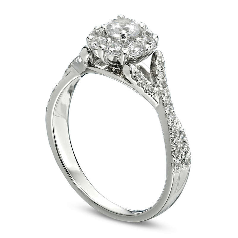 0.88 CT. T.W. Natural Diamond Flower Frame Twist Engagement Ring in Solid 14K White Gold