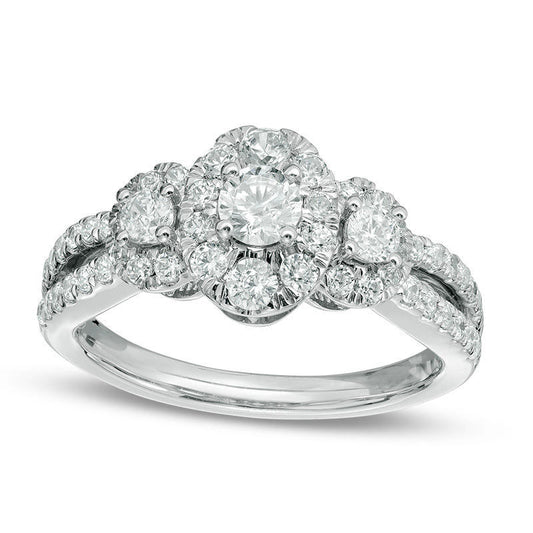 1.0 CT. T.W. Natural Diamond Frame Three Stone Antique Vintage-Style Engagement Ring in Solid 14K White Gold
