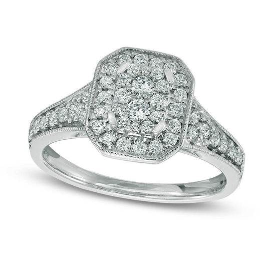 0.63 CT. T.W. Composite Natural Diamond Octagonal Frame Antique Vintage-Style Engagement Ring in Solid 14K White Gold