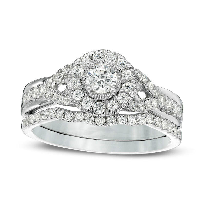 0.75 CT. T.W. Natural Diamond Frame Split Shank Bridal Engagement Ring Set in Solid 14K White Gold