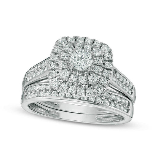 1.0 CT. T.W. Natural Diamond Double Cushion Frame Bridal Engagement Ring Set in Solid 14K White Gold