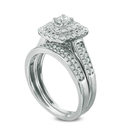 1.0 CT. T.W. Natural Diamond Double Cushion Frame Bridal Engagement Ring Set in Solid 14K White Gold