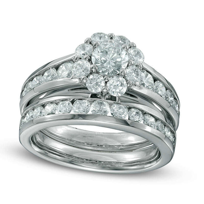 2.25 CT. T.W. Natural Diamond Flower Frame Bridal Engagement Ring Set in Solid 14K White Gold