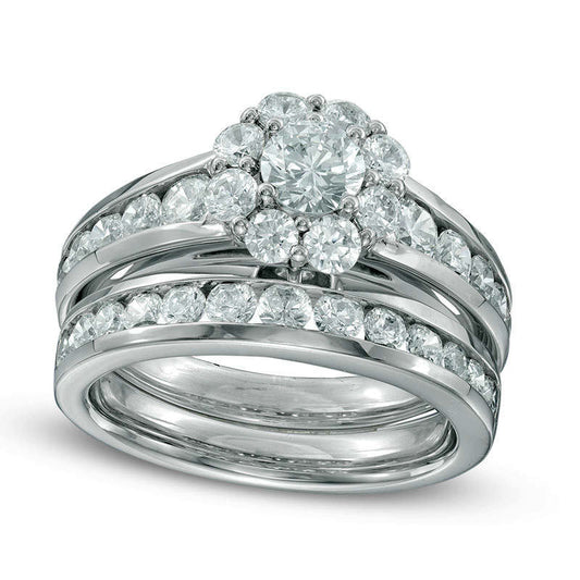 2.25 CT. T.W. Natural Diamond Flower Frame Bridal Engagement Ring Set in Solid 14K White Gold