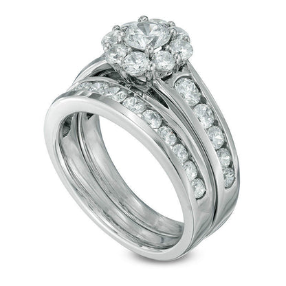 2.25 CT. T.W. Natural Diamond Flower Frame Bridal Engagement Ring Set in Solid 14K White Gold