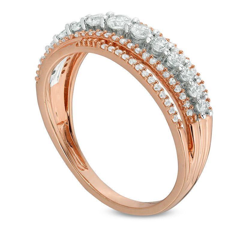 0.63 CT. T.W. Natural Diamond Multi-Row Crossover Band in Solid 14K Rose Gold