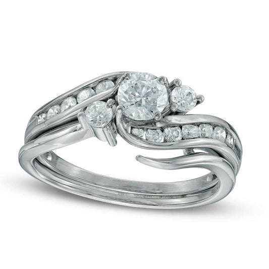 0.75 CT. T.W. Natural Diamond Swirl Bypass Three Stone Bridal Engagement Ring Set in Solid 14K White Gold