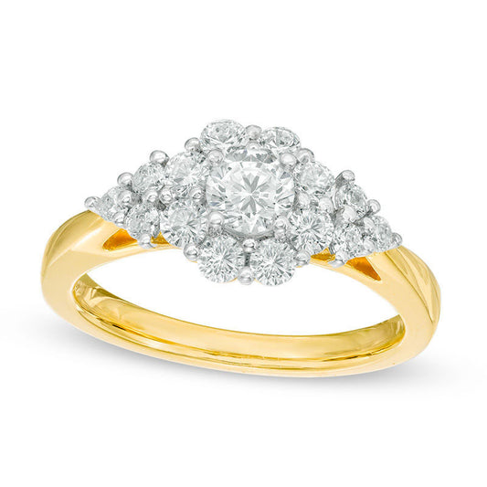 1.0 CT. T.W. Natural Diamond Flower Frame with Tri-Sides Engagement Ring in Solid 14K Gold