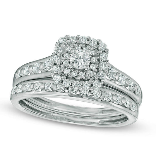 0.63 CT. T.W. Natural Diamond Double Cushion Frame Bridal Engagement Ring Set in Solid 14K White Gold