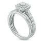 0.63 CT. T.W. Natural Diamond Double Cushion Frame Bridal Engagement Ring Set in Solid 14K White Gold