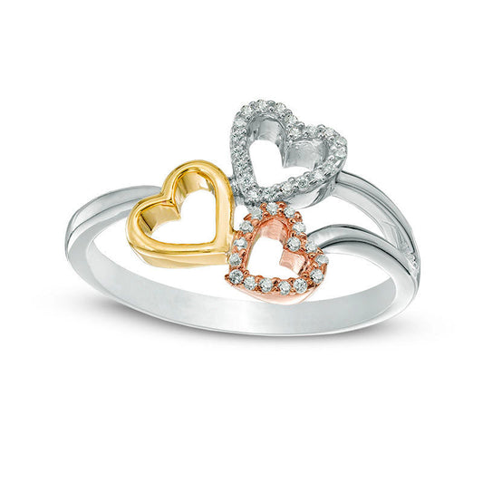 0.10 CT. T.W. Natural Diamond Triple Heart Ring in Sterling Silver and Solid 10K Two-Tone Gold