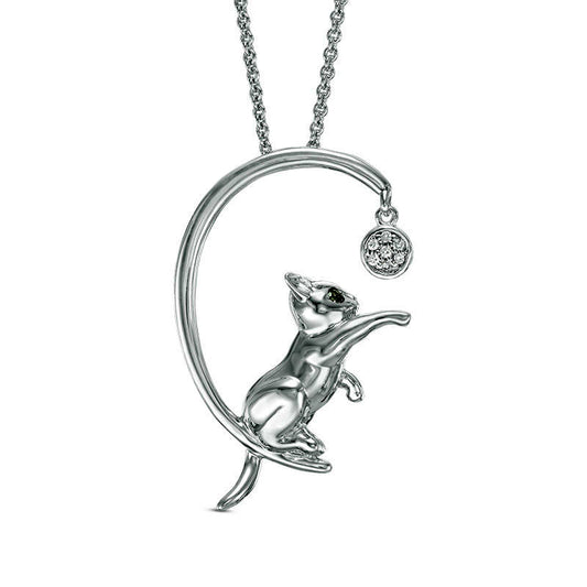 Enhanced Black and White Natural Diamond Accent Cat with Ball Pendant in Sterling Silver