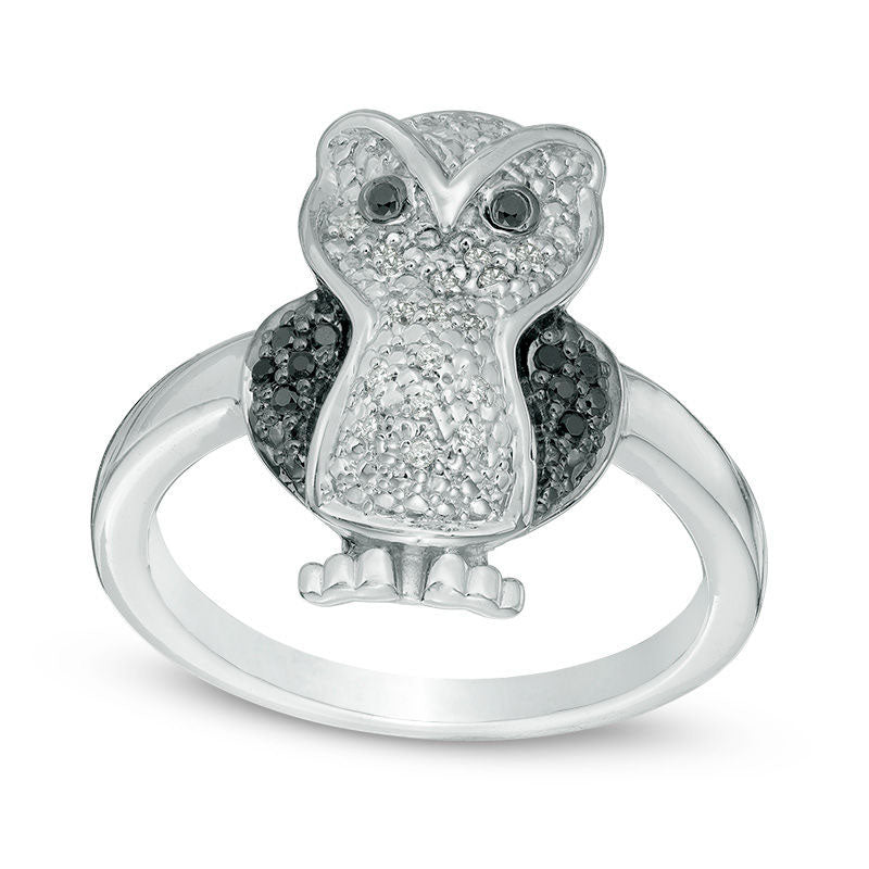 Enhanced Black and White Natural Diamond Accent Owl Ring in Sterling Silver