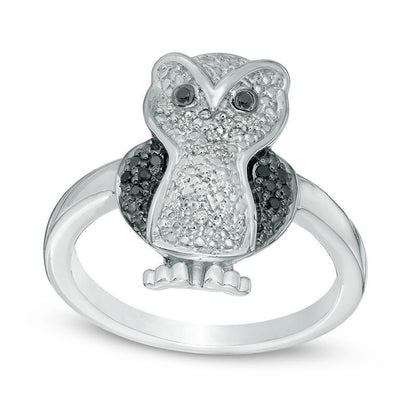 Enhanced Black and White Natural Diamond Accent Owl Ring in Sterling Silver