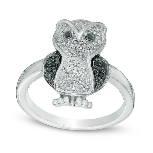 Enhanced Black and White Natural Diamond Accent Owl Ring in Sterling Silver