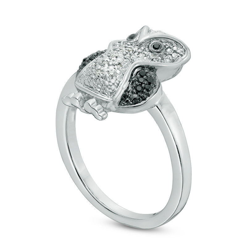 Enhanced Black and White Natural Diamond Accent Owl Ring in Sterling Silver