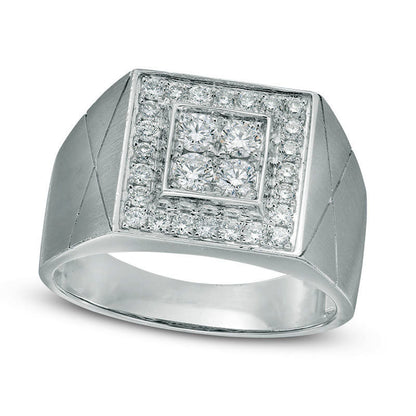 Mens 0.75 CT. T.W. Quad Natural Diamond Frame Satin Signet Ring in Solid 10K White Gold
