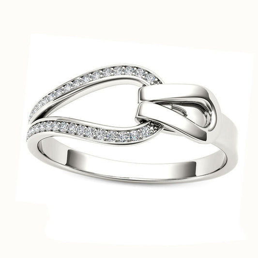 Natural Diamond Accent Buckle Ring in Solid 10K White Gold