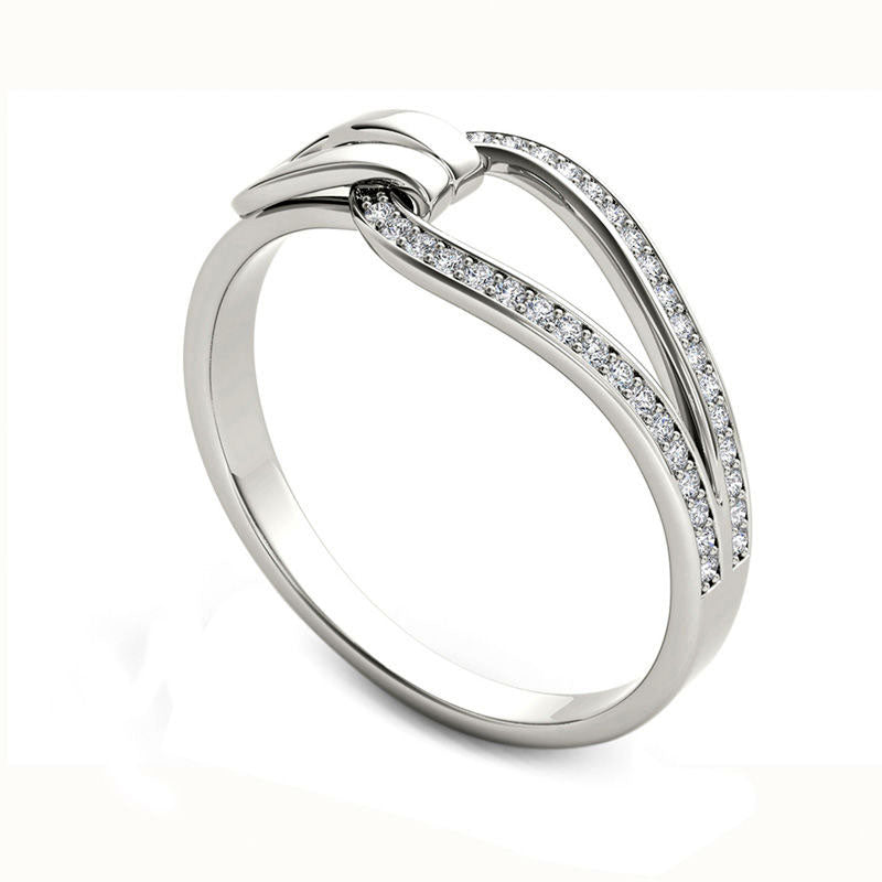 Natural Diamond Accent Buckle Ring in Solid 10K White Gold