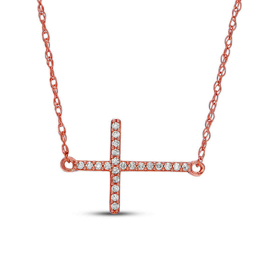 0.05 CT. T.W. Natural Diamond Sideways Cross Necklace in 10K Rose Gold