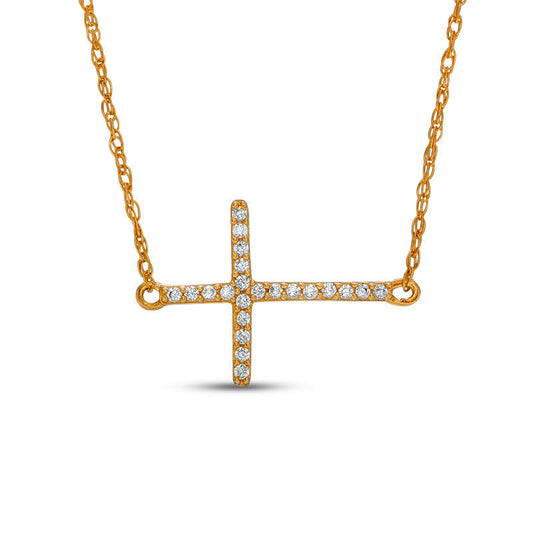 0.05 CT. T.W. Natural Diamond Sideways Cross Necklace in 10K Yellow Gold