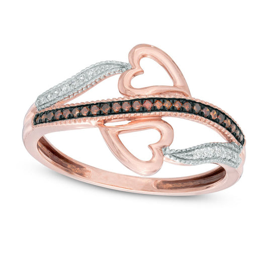 0.10 CT. T.W. Enhanced Cognac and White Natural Diamond Double Heart Bypass Ring in Solid 10K Rose Gold