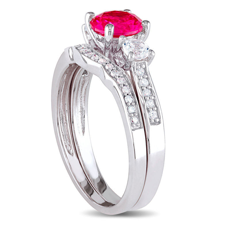 6.0mm Lab-Created Ruby and White Sapphire with 0.13 CT. T.W. Diamond Three Stone Bridal Engagement Ring Set in Solid 10K White Gold
