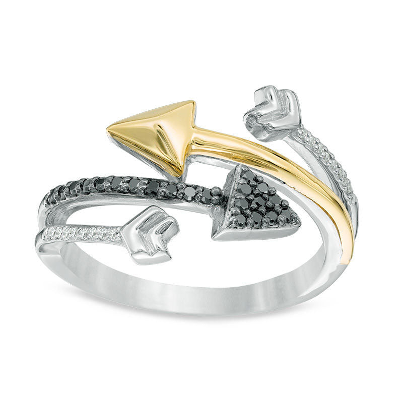 0.10 CT. T.W. Enhanced Black and White Natural Diamond Double Arrow Wrap Ring in Sterling Silver and Solid 10K Yellow Gold