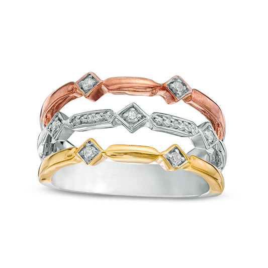 0.10 CT. T.W. Natural Diamond Alternating Geometric Three Row Ring in Solid 10K Tri-Tone Gold