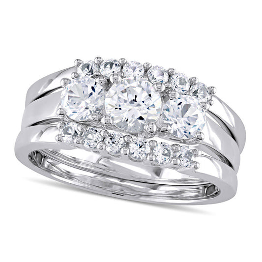 5.0mm Lab-Created White Sapphire Three Piece Bridal Engagement Ring Set in Solid 10K White Gold