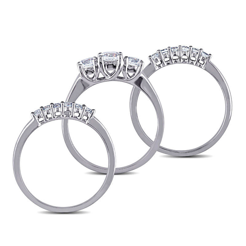 5.0mm Lab-Created White Sapphire Three Piece Bridal Engagement Ring Set in Solid 10K White Gold