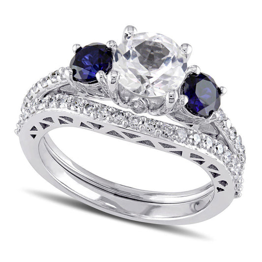 6.5mm Lab-Created White and Blue Sapphire with 0.33 CT. T.W. Diamond Three Stone Bridal Engagement Ring Set in Solid 10K White Gold