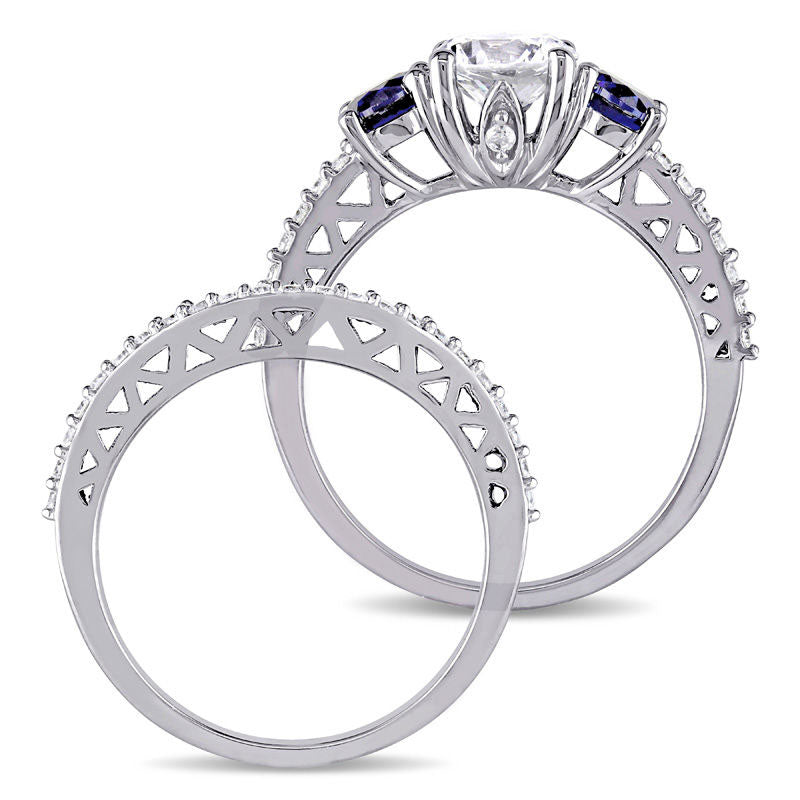 6.5mm Lab-Created White and Blue Sapphire with 0.33 CT. T.W. Diamond Three Stone Bridal Engagement Ring Set in Solid 10K White Gold