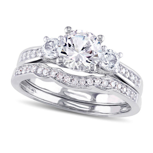 6.0mm Lab-Created White Sapphire and 0.13 CT. T.W. Diamond Three Stone Bridal Engagement Ring Set in Solid 10K White Gold