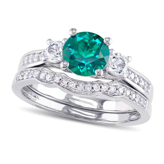 6.0mm Lab-Created Emerald and White Sapphire with 0.13 CT. T.W. Diamond Three Stone Bridal Engagement Ring Set in Solid 10K White Gold