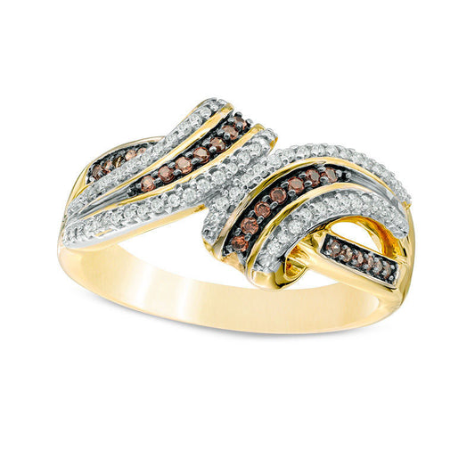 0.25 CT. T.W. Champagne and White Natural Diamond Split Bypass Ring in Solid 10K Yellow Gold