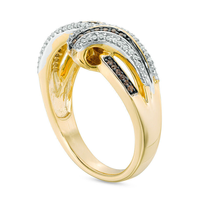 0.25 CT. T.W. Champagne and White Natural Diamond Split Bypass Ring in Solid 10K Yellow Gold