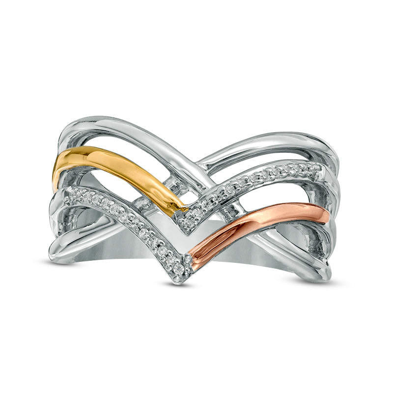Natural Diamond Accent Crossover Chevron Ring in Sterling Silver and Solid 10K Two-Tone Gold