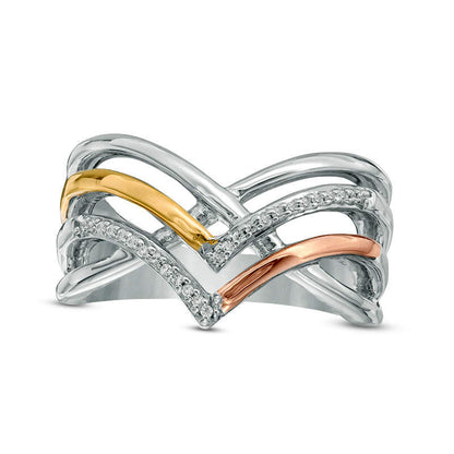 Natural Diamond Accent Crossover Chevron Ring in Sterling Silver and Solid 10K Two-Tone Gold