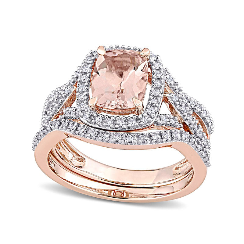 Cushion-Cut Morganite and 0.25 CT. T.W. Natural Diamond Frame Bridal Engagement Ring Set in Solid 10K Rose Gold
