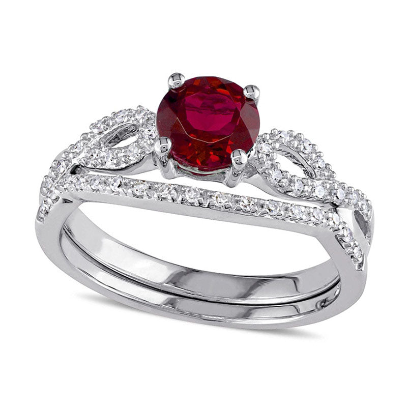 6.0mm Lab-Created Ruby and 0.13 CT. T.W. Diamond Twist Shank Bridal Engagement Ring Set in Solid 10K White Gold