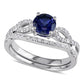 6.0mm Lab-Created Blue Sapphire and 0.13 CT. T.W. Diamond Twist Shank Bridal Engagement Ring Set in Solid 10K White Gold