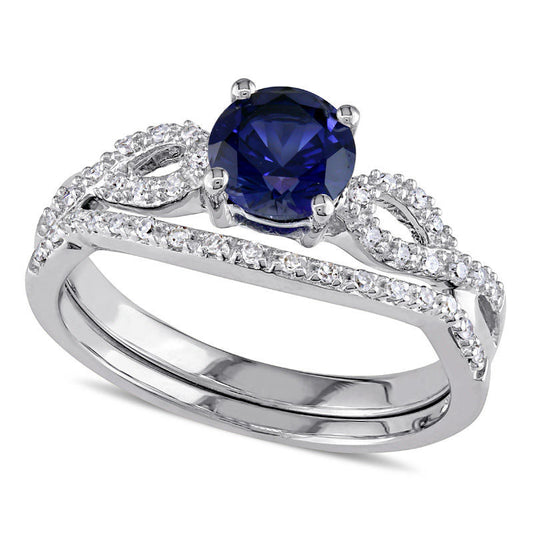 6.0mm Lab-Created Blue Sapphire and 0.13 CT. T.W. Diamond Twist Shank Bridal Engagement Ring Set in Solid 10K White Gold