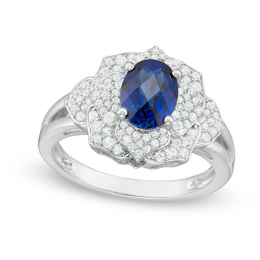 Oval Blue Sapphire and 0.38 CT. T.W. Natural Diamond Layered Petal Flower Ring in Solid 10K White Gold