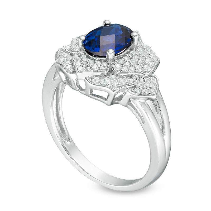 Oval Blue Sapphire and 0.38 CT. T.W. Natural Diamond Layered Petal Flower Ring in Solid 10K White Gold