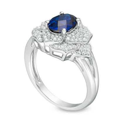 Oval Blue Sapphire and 0.38 CT. T.W. Natural Diamond Layered Petal Flower Ring in Solid 10K White Gold