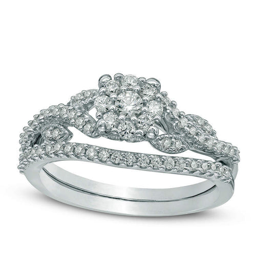 0.50 CT. T.W. Natural Diamond Frame Vine Split Shank Bridal Engagement Ring Set in Solid 10K White Gold