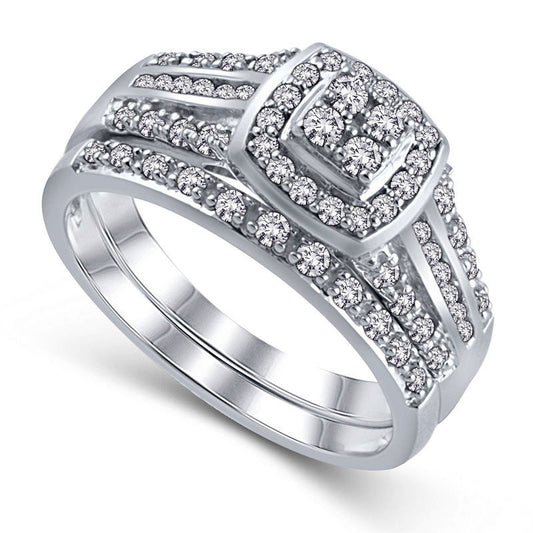 0.50 CT. T.W. Quad Natural Diamond Cushion Frame Multi-Row Bridal Engagement Ring Set in Sterling Silver