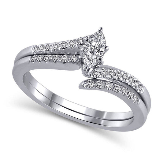0.33 CT. T.W. Marquise Natural Diamond Double Bypass Bridal Engagement Ring Set in Solid 14K White Gold